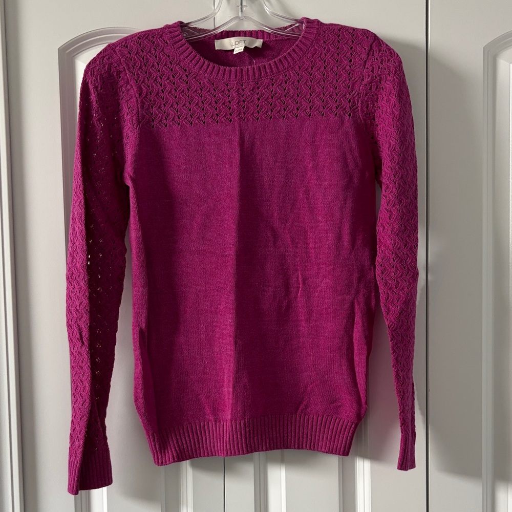 LOFT Fuchsia Crewneck Sweater with Textured Yoke